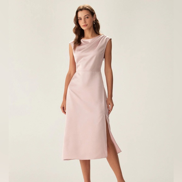 NWT Pink Satin Boat Neck Slit Sleeveless Midi Dress - Picture 1 of 3